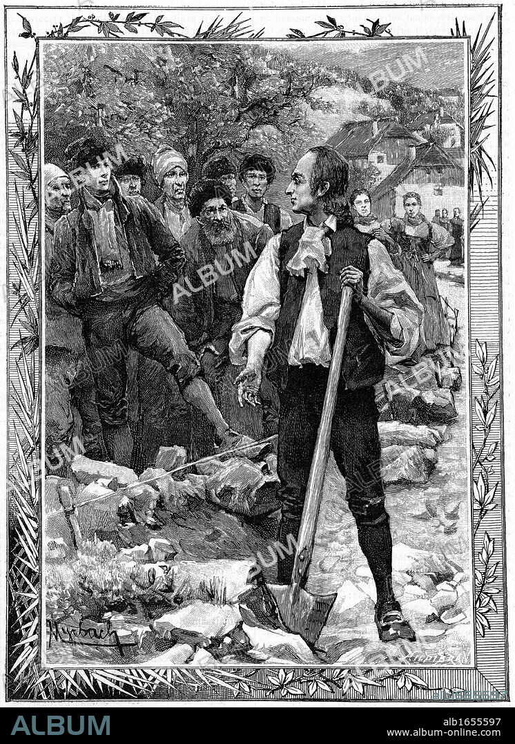 Johann Friedrich Oberlin (1740-1826) Lutheran philanthropist and pastor in Vosges region of France, encouraging his parishioners to construct road to decrease their isolation. Established schools. Wood engraving c1880.