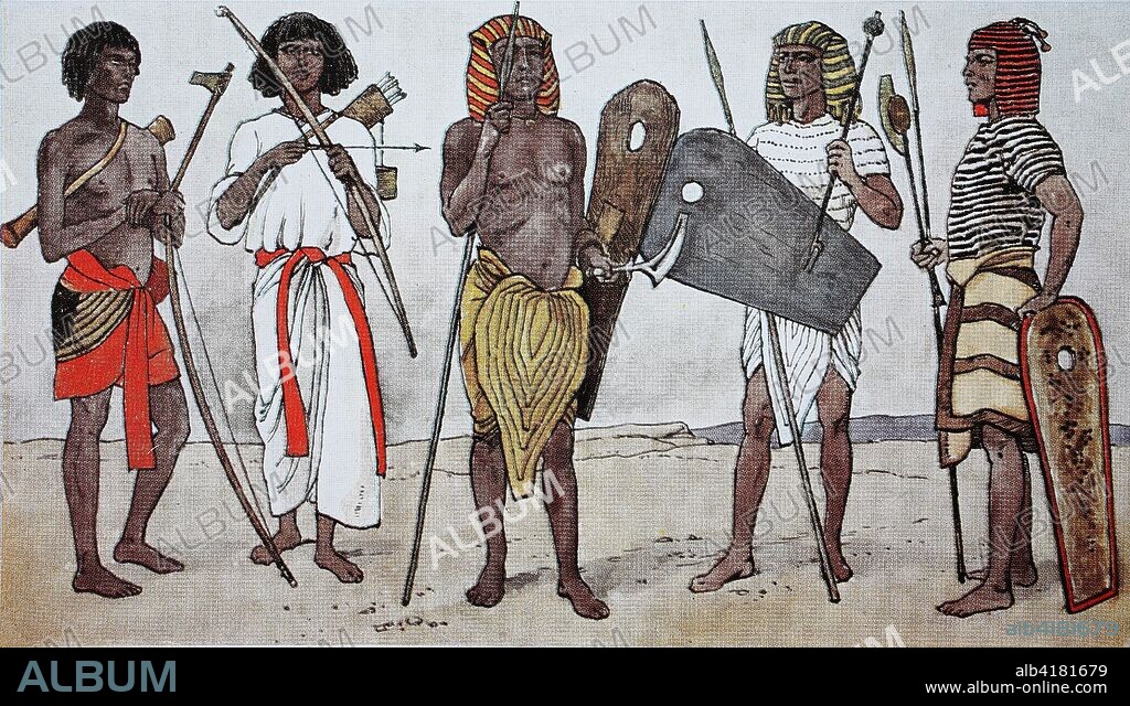 Clothing in ancient Egypt, in the Ramesside period, 1350-1200 BC, from the left two Nubian archers and then three soldiers with ordinary headscarf, heart-shaped front leaf, stitching knife, mace or stick and shield with eye hole, digital improved reproduction of an original print from the 19th century.