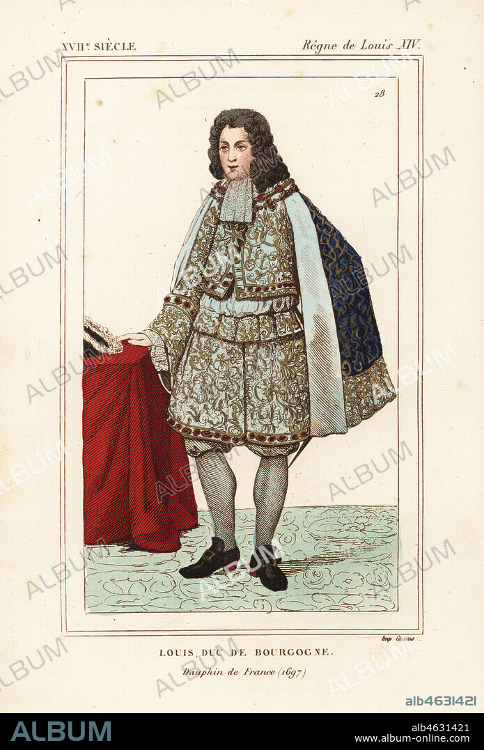 Louis, Duke of Burgundy and Dauphin of France, 1682-1712. Louis, Duc de Bourgogne, Petit Dauphin de France 1697. Handcoloured lithograph after a print by Bonnard from Le Bibliophile Jacob aka Paul Lacroix's Costumes Historiques de la France (Historical Costumes of France), Administration de Librairie, Paris, 1852.