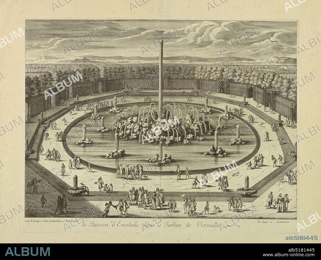 Le Bassin d'Encelade (The Fountain of Enceladus), Versailles, Joseph Mulder, Dutch, 1659/60 1710, Etching, Pool with a statue of Enceladus amidst pile of rocks and churning water at the center of a bosquet defined by a trellis with arched portals. A central column of water shoots upward., 1682, architecture, Print, Print.