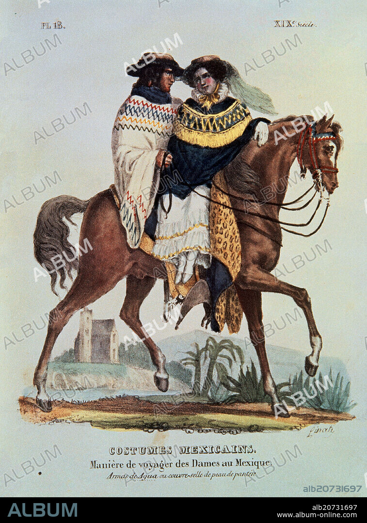 CLAUDIO LINATI. TRAJES CIVILES, MILITARES Y RELIGIOSOS DE MEXICO - 1828 - MANERA DE VIAJAR DE LAS DAMAS DE MEXICO - LITOGRAFIA SIGLO XIX.