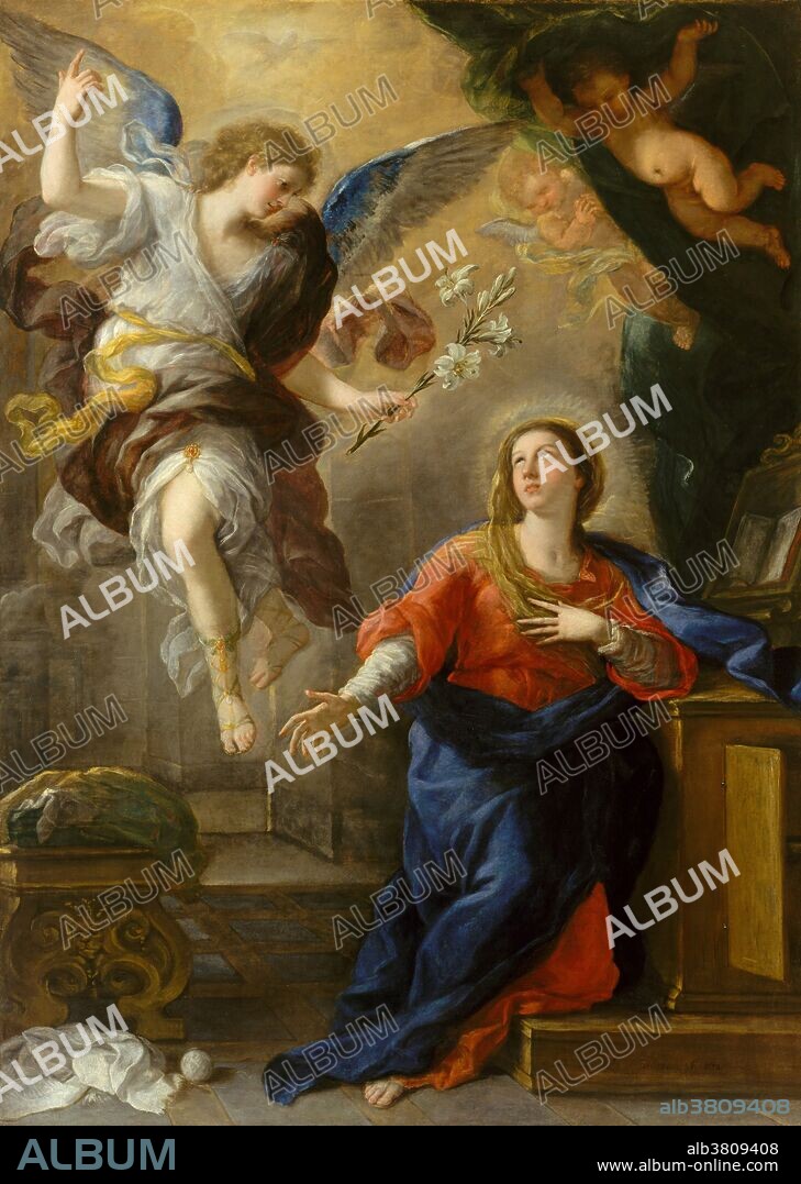 The Annunciation by Luca Giordano, oil on canvas, 1672. Luca Giordano was the leading painter in Naples in the late seventeenth century and one of the most sought-after Italian artists of the day. He worked in a variety of styles, often imitating Renaissance masters. This altarpiece was painted after a trip to Venice, and pays direct homage to the work of Titian. The Annunciation, also referred to as the Annunciation to the Blessed Virgin Mary, the Annunciation of Our Lady or Annunciation of the Lord, is the Christian celebration of the announcement by the angel Gabriel to the Virgin Mary that she would conceive and become the mother of Jesus, the Son of God, marking his Incarnation. Gabriel told Mary to name her son Jesus (meaning Savior). Many Christians observe this event with the Feast of the Annunciation on March 25, nine full months before Christmas, the ceremonial birthday of Jesus. The Annunciation has been a key topic in Christian art in general, as well as in Marian art in the Catholic Church, particularly during the Middle Ages and Renaissance. Mary has been venerated since Early Christianity, and is considered by millions to be the most meritorious saint of the Church. Christians of the Catholic Church, the Eastern Orthodox Church, Oriental Orthodox Church, Anglican Communion, and Lutheran churches believe that Mary, as Mother of Jesus, is the Mother of God.