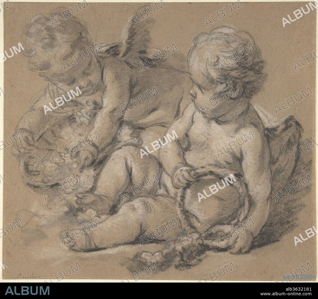 FRANCOIS BOUCHER. Winged Putti with Flowers. Artist: François Boucher (French, Paris 1703-1770 Paris). Dimensions: 8 5/16 x 9 1/4 in.  (21.1 x 23.5 cm). Date: ca. 1750.
This sheet is one of several studies related to Apollo Revealing His Divinity to Issé (1750, Musée des Beaux-Arts, Tours), a large mythological painting in which swirls of frolicking putti encircle the main figural group. Many such drawings, and quite possibly the present sheet, would have been made not as preliminary studies, but after the painting was completed, to satisy the market demand for drawings by Boucher's hand.  Here, he uses black chalk, stumped in places to create a soft gray, and white chalk highlights to deftly model the dimpled flesh of the cupids and their baskets of flowers.