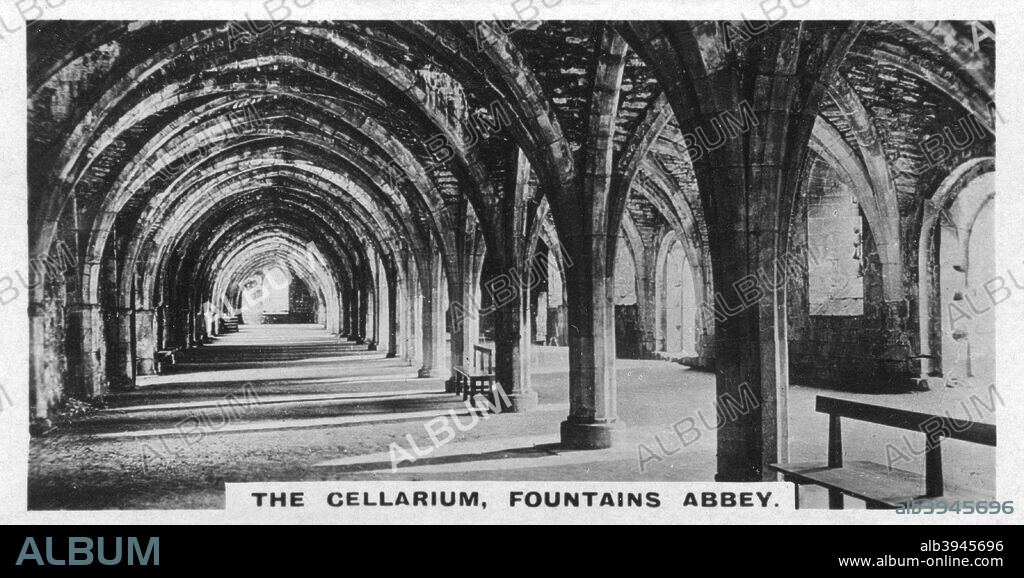 The Cellarium, Fountains Abbey, Yorkshire, c1920s. This room with its remarkable vaulted ceiling was where the 12th-century abbey's lay brothers ate, slept and socialised. It is now home to about eight species of bat. Cigarette card produced by the Westminster Tobacco Co Ltd, The second series of British royal and ancient buildings.