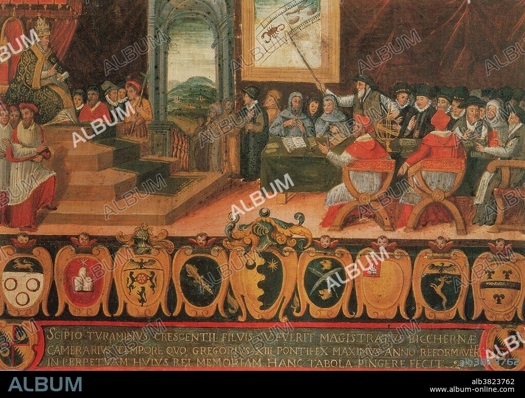 Discussion of the Reform of the Calendar under Pope Gregory XIII (1502-85) replaced by the Gregorian Calendar, Rome, October 15, 1582. Note the scholar in right background pointing to the constellation Scorpio. The Gregorian calendar is the solar calendar in use throughout most of the world. It was sponsored by Pope Gregory XIII in 1582 as a corrected version of the Julian calendar. The ordinary year is made to consist of 365 days and a leap year occurs in every year whose number is divisible by four, except those centenary years, such as 1900, whose numbers are not divisible by 400.