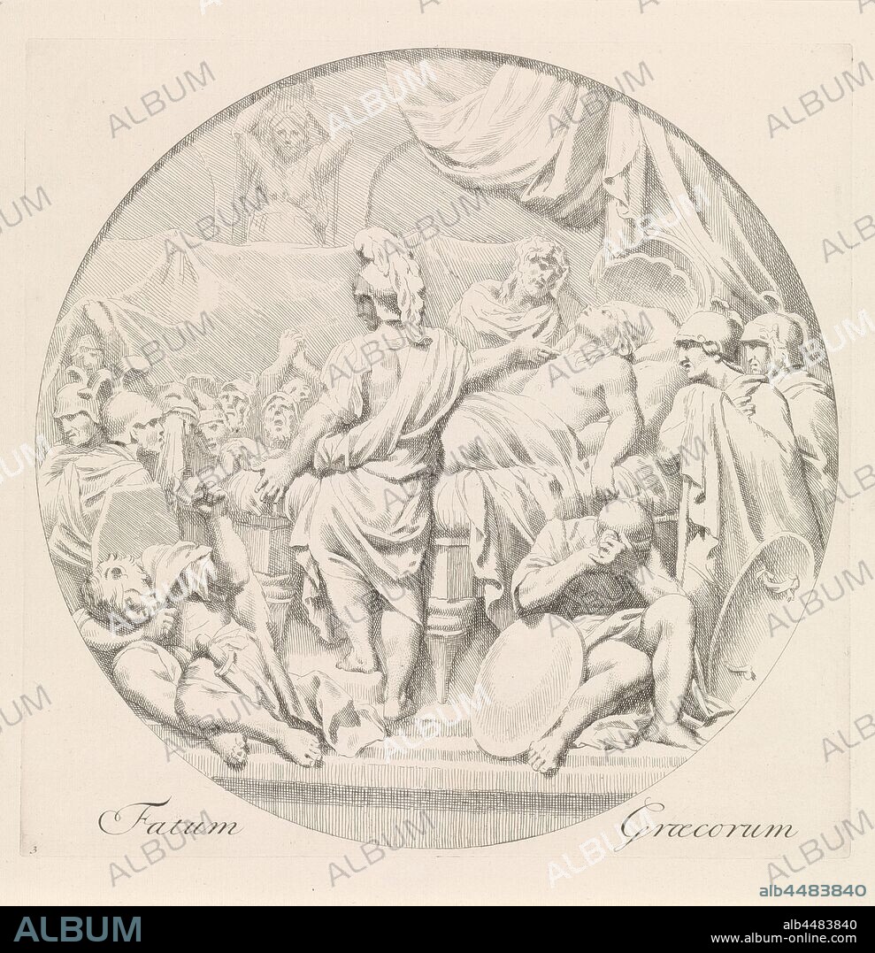 Death of Alexander the Great Fatum Graecorum The fall of world empires in classical antiquity (series title), Round show. Alexander the Great on his deathbed, surrounded by his soldiers mourning his death. The print is based on a lost bas-relief by Gerard de Lairesse and is part of a four-part series on the demise of world empires in classical antiquity., Death of Alexander: Alexander on his deathbed, Johannes Glauber, 1684 - 1726, paper, etching, h 308 mm × w 313 mm.