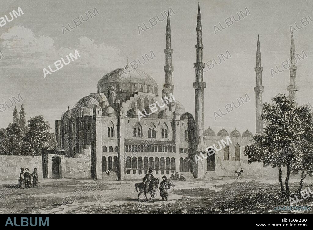 Imperio Otomano. Turquía. Constantinopla (actual Estambul). Vista de la Mezquita de Solimán o Mezquita de Suleymaniye. Grabado por Lemaitre y J. Arnaut. Historia de Turquía, por Joseph Marie Jouannin (1783-1844) y Jules Van Gaver. Panorama Universal, edición española de 1840.