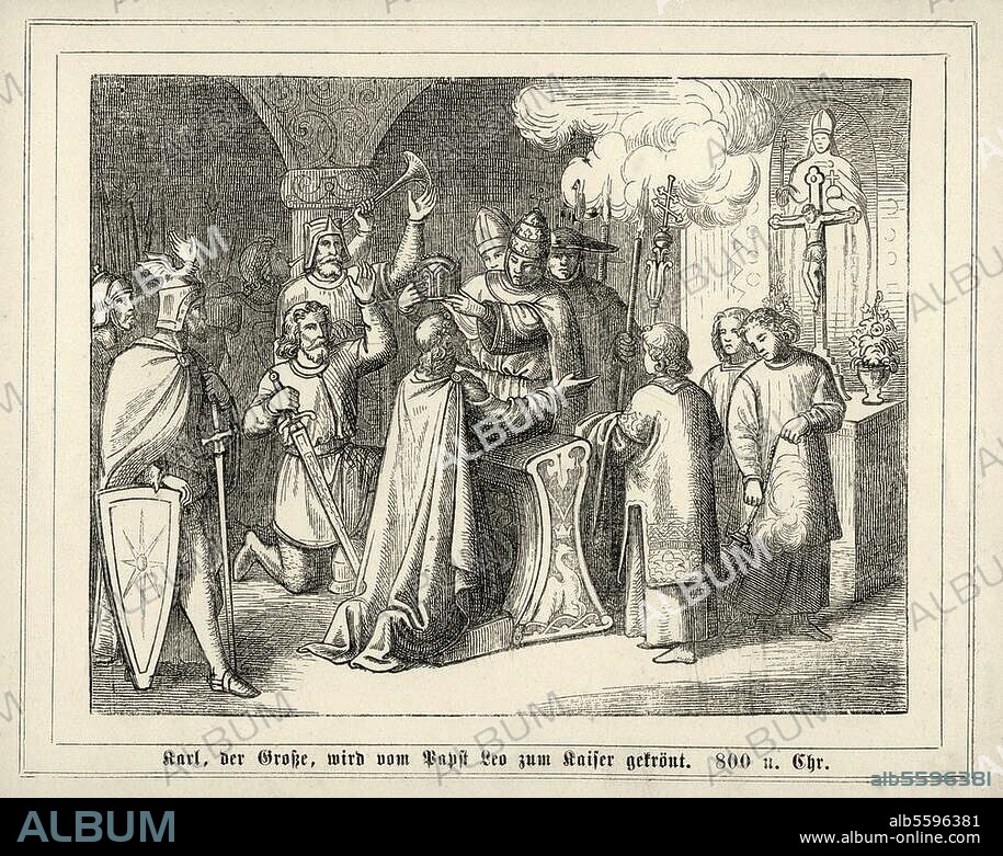 Charlemagne, King of the Franks, Holy Roman emperor; 742-814. "Charlemagne, crowned by Pope Leo, becomes emperor". (Rome, St. Peter, 25 December 800). Wood engraving, around 1860, after a fresco, c. 1825/30, in the Hofgartenarkaden in Munich.