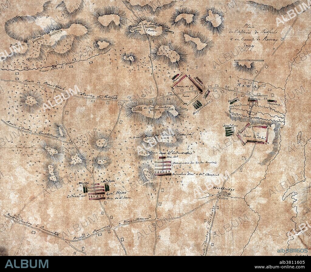 Map drawn by a Hessian officer showing the battle positions. The Battle of Short Hills (also known as the Battle of Metuchen Meetinghouse) was a conflict between a Continental Army force commanded by General William Alexander, and an opposing British force commanded by General William Howe. The battle took place on June 26, 1777, at Scotch Plains and Metuchen, New Jersey, during the American Revolutionary War. In mid-June General Howe marched most of his army into central New Jersey in an attempt to lure George Washington's Continental Army to a place where it might be better attacked than its defensive position in the Watchung Mountains. When Washington refused to abandon his position Howe returned to Amboy on June 22. Washington's forward divisions, including that of Lord Stirling, shadowed this British movement, and Washington moved his main army out of the hills. Howe seized this opportunity, and on June 26 marched two columns of troops out in an attempt to cut Washington off from the high ground. These troops skirmished with Lord Stirling's troops, and eventually engaged in a pitched battle in Scotch Plains. Stirling's outnumbered force retreated, but Washington, alerted to the British movement, had by then retreated back into the hills.