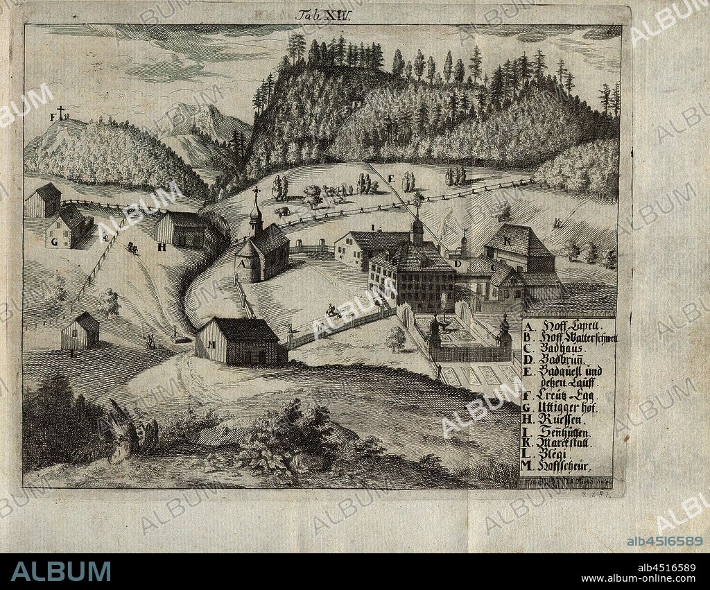 Bad Walterswil, Bad Walterswil near Zug, signed: Fuesli, copperplate engraving, plate 14, to p. 320 (vol. 1), Fuesli, Johann Melchior (sculps.), 1746, Johann Jacob Scheuchzer, Joh. Georg Sulzern, Johann Jacob Scheuchzers ... Natur-Geschichte des Schweitzerlandes samt seinen Reisen über die Schweitzerische Gebürge. Zürich: David Gessner, 1746.