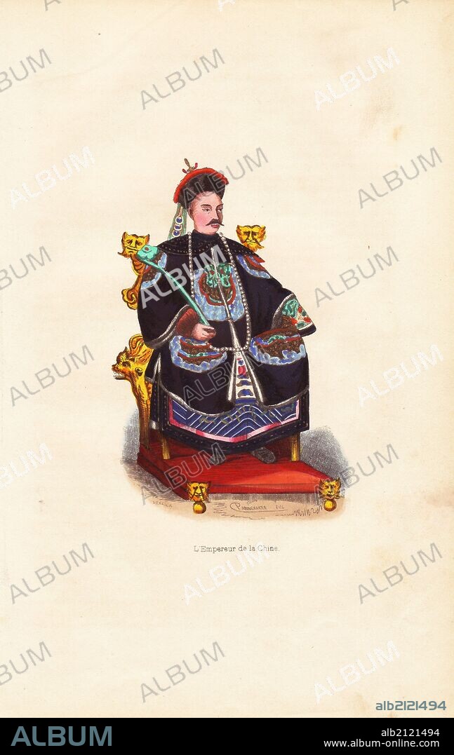 The Emperor of China in embroidered robes and hat with peacock feather seated on his throne. Handcoloured woodcut by Mercier after an illustration by Pannemaker from Auguste Wahlen's "Moeurs, Usages et Costumes de tous les Peuples du Monde," Librairie Historique-Artistique, Brussels, 1845. Wahlen was the pseudonym of Jean-Francois-Nicolas Loumyer (1801-1875), a writer and archivist with the Heraldic Department of Belgium.