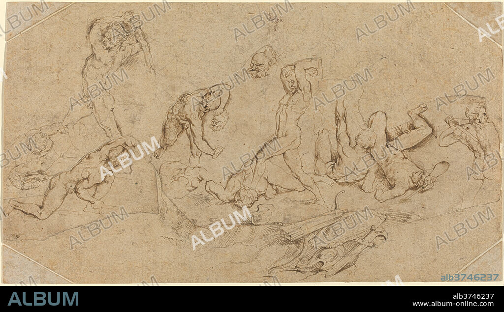 PETER PAUL RUBENS. Battle of Nude Men. Dimensions: support: 14.1 x 25.2 cm (5 9/16 x 9 15/16 in.). Medium: pen and brown ink over black chalk on four irregularly cut pieces of two types of buff laid paper; laid down and with corner pieces added.