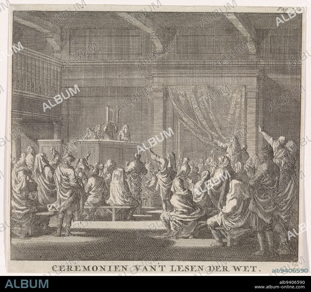 In a synagogue a rabbi stands at the pulpit (bima). He is reading from a scroll of the Torah, which he holds in front of him. Some listeners are holding up their right hands. Probably for the Jewish festival Simchat Torah (Joy of the Law), Synagogue where a rabbi reads from a scroll of law Ceremonies of 't lesen der wet , print maker: Jan Luyken, (mentioned on object), publisher: Daniel van den Dalen, publisher: Hendrik van Damme (II), print maker: Haarlem, publisher: Leiden, publisher: Leiden, 1702, paper, etching, h 143 mm × w 158 mm.