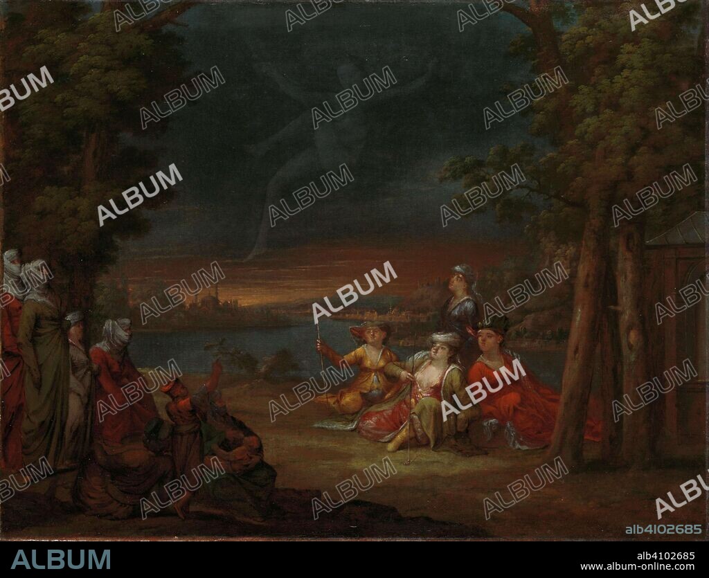 JEAN BAPTISTE VANMOUR. Turkish Women in the Countryside near Istanbul. Turkse vrouwen in de omgeving van Constantinopel bekijken een verschijning in de lucht. Dating: c. 1720 - c. 1737. Measurements: h 44 cm × w 58 cm.