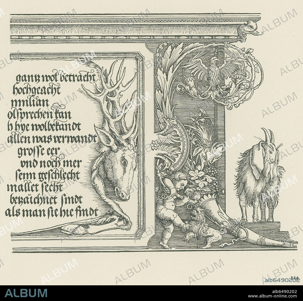 ALBERTO DURERO. Triumphal Arch ('Ehrenpforte') for Emperor Maximilian I. Dated 1515. Detail of 33-02-02/65. Woodcut. 
 
Inscription tablet with stag's skin, from the uppermost section of the right wing. Right half of the tablet.