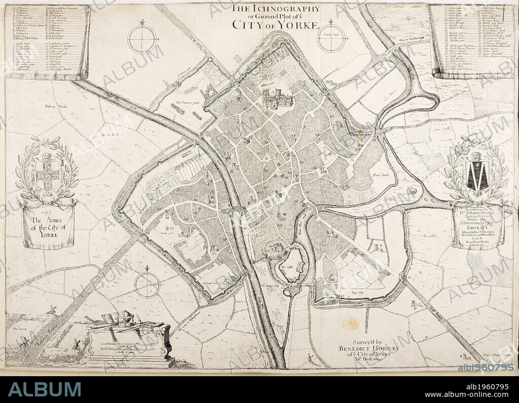 HORSLEY HORSLEY. City of Yorke. A ground plan map from 1694 of the city of York. . The Ichnograpy or Grounf Plot of Ye City of Yorke. England 1697. The Ichnography or Ground Plot of ye City of Yorke. Surveyâ€™d by Benedict Horsley, of ye City of Yorke. 1694. (1697. The Armes of the City of Yorke.) PeirceÌ Tempest excudit. A Scale of Yards, 300[ = 66 mm]. Source: Maps K.Top.45.1. Language: English.