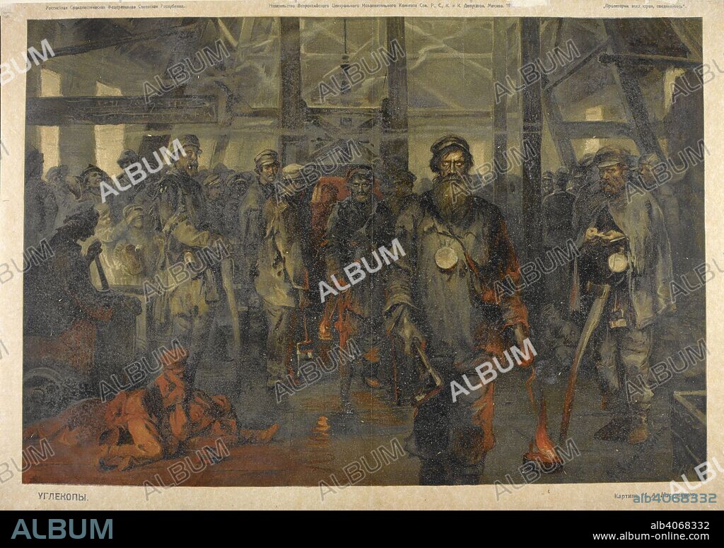 Uglekopy (Coal miners).  (Reproduction of a painting by N. A. Kasatkin). [A Collection of posters issued by the Soviet government.]. Moskva (Moscow): VTSIK, 1918. Source: Cup.645.a.6.(68). Language: Russian.