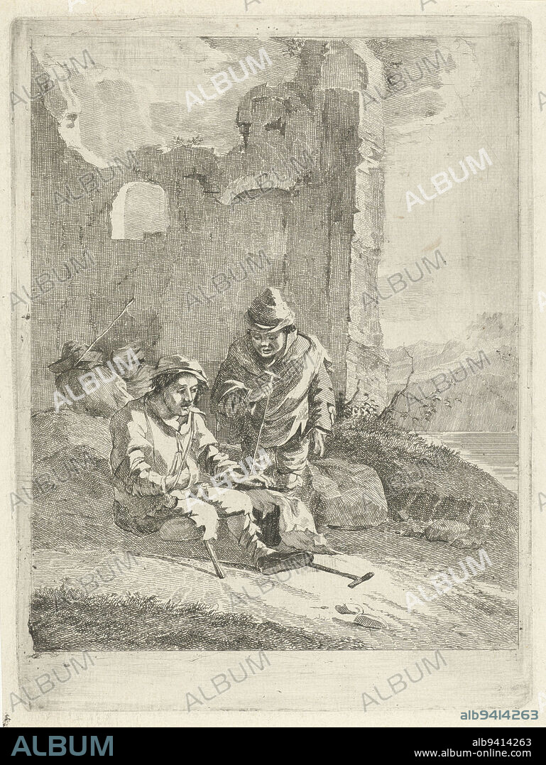 Four figures, two of them suffering from leprosy, near a ruin. One of the two men in the foreground has a wooden leg and is wearing a sling., Four figures near a ruin, print maker: Gerrit Groenewegen, after: Pieter Bodding van Laer, 1764 - 1826, paper, etching, h 211 mm × w 157 mm.