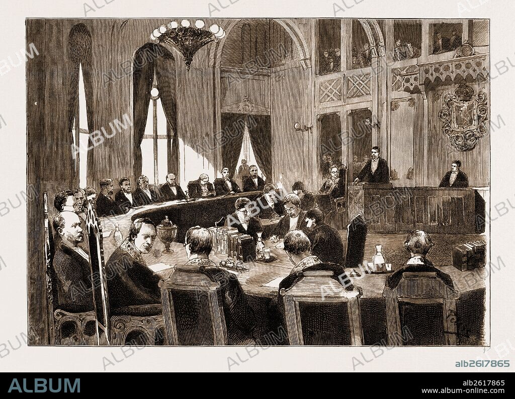 THE CONSTITUTIONAL CRISIS IN NORWAY, 1883: VIEW OF THE COURT AT CHRISTIANA IN WHICH THE NORWEGIAN MINISTRY IS BEING IMPEACHED, Official Reporters and Secretaries, Judges of the High Court of Justice, Mr. Lange, President of the Court.