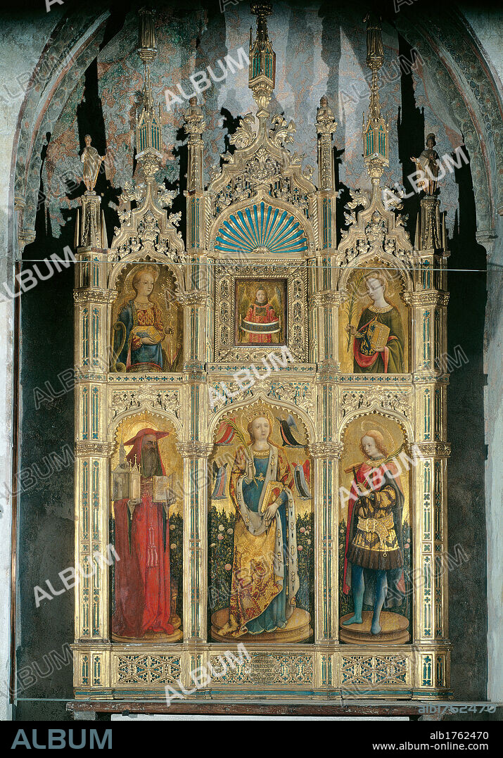 Santa Sabina Polyptych, by Giovanni dAlemagna, Antonio Vivarini, 1443-1444, 15th Century, panel,. Italy, Veneto, Venice, San Zaccaria church, San Tarasio Chapel. All. Polyptych of St Sabine. Figures saints decoration pinnacles niches.