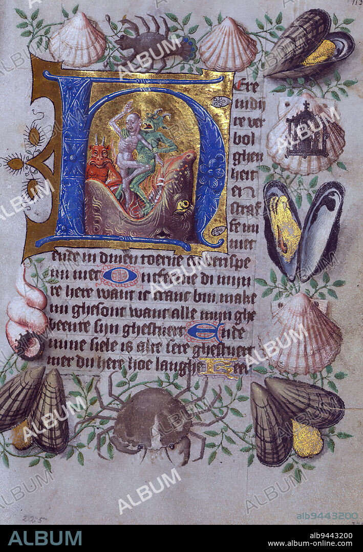 Illuminated Manuscript, Van Alphen Hours, Initial H with Souls cast into Hellmouth.