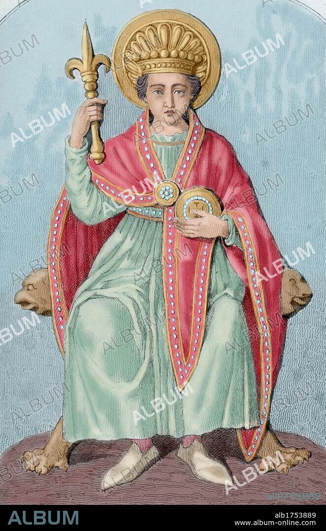Pepin of Herstal, (635/45- 714). Mayor of the Palace of Austrasia from 680 to his death and of Neustria and Burgundy from 687 to 695. Colored engraving. 19th century.