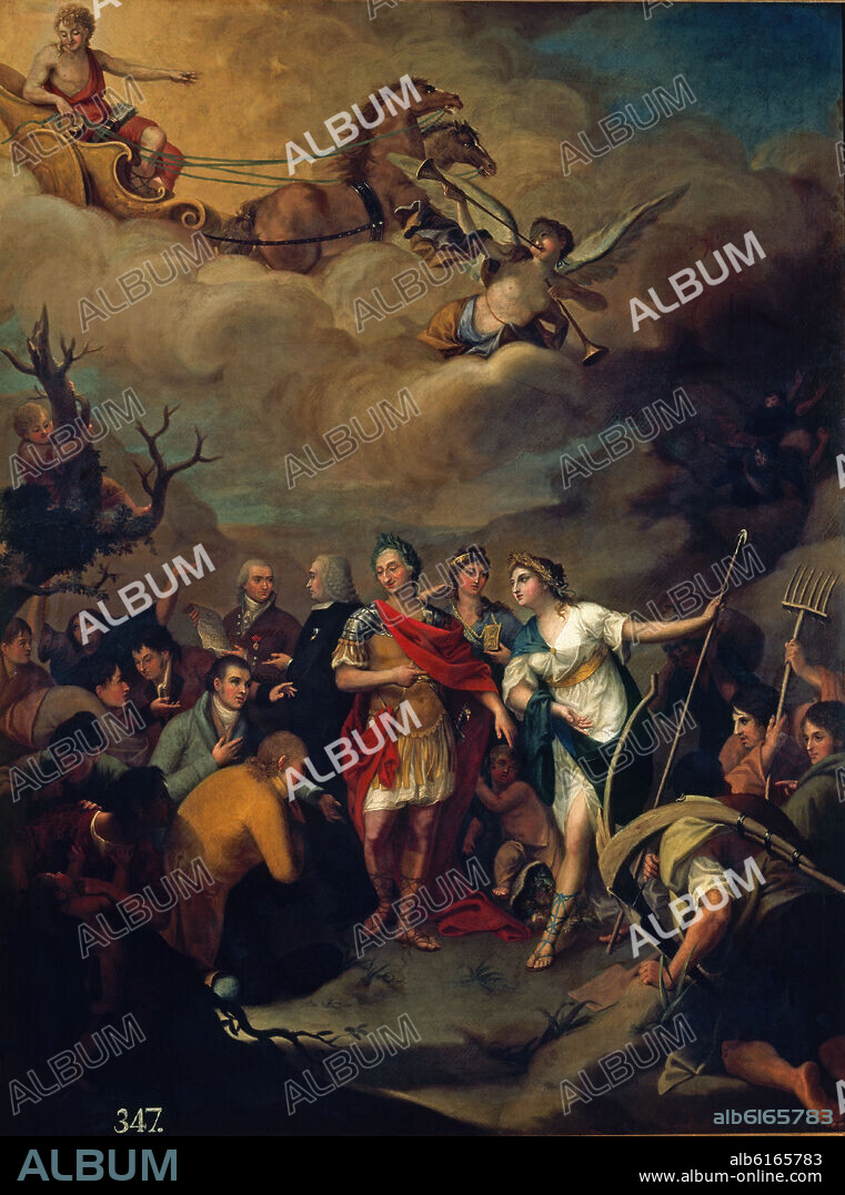 JOSÉ ALONSO DE RIVERO. 'Carlos III entregando las tierras a los colonos de Sierra Morena', 1805, Oil on canvas, 168 x 126 cm.