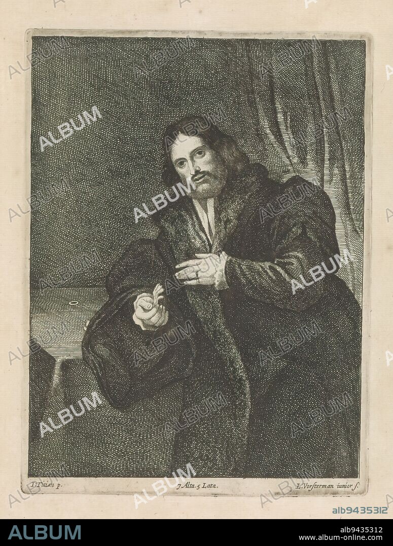 Portrait of a man with a golden claw, possibly Leonino Brembate, He wears a cloak trimmed with fur. This print is part of an album., print maker: Lucas Vorsterman (II), (mentioned on object), after painting by: Titiaan, (rejected attribution), after painting by: Lorenzo Lotto, print maker: Southern Netherlands, after painting by: Italy, after painting by: Italy, publisher: Brussels, 1660, paper, etching, height 194 mm × width 145 mm.