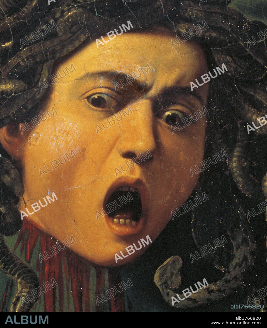 Medusa, by Michelangelo Merisi known as Caravaggio, 1596-1598 about, 16th Century, oil on canvas on poplar shutter, 55,5 cm. Italy, Tuscany, Florence, Uffizi Gallery. Image painted on a convex shield. Symbol of the victory of Reason over the senses, is referred to the myth of Perseus and Medusa. Detail. Decapitated and bleeding head of Gorgon with hair made of snakes.Hallucinated expression and mouth wide open, screaming mouth. Authorization required for non editorial use.