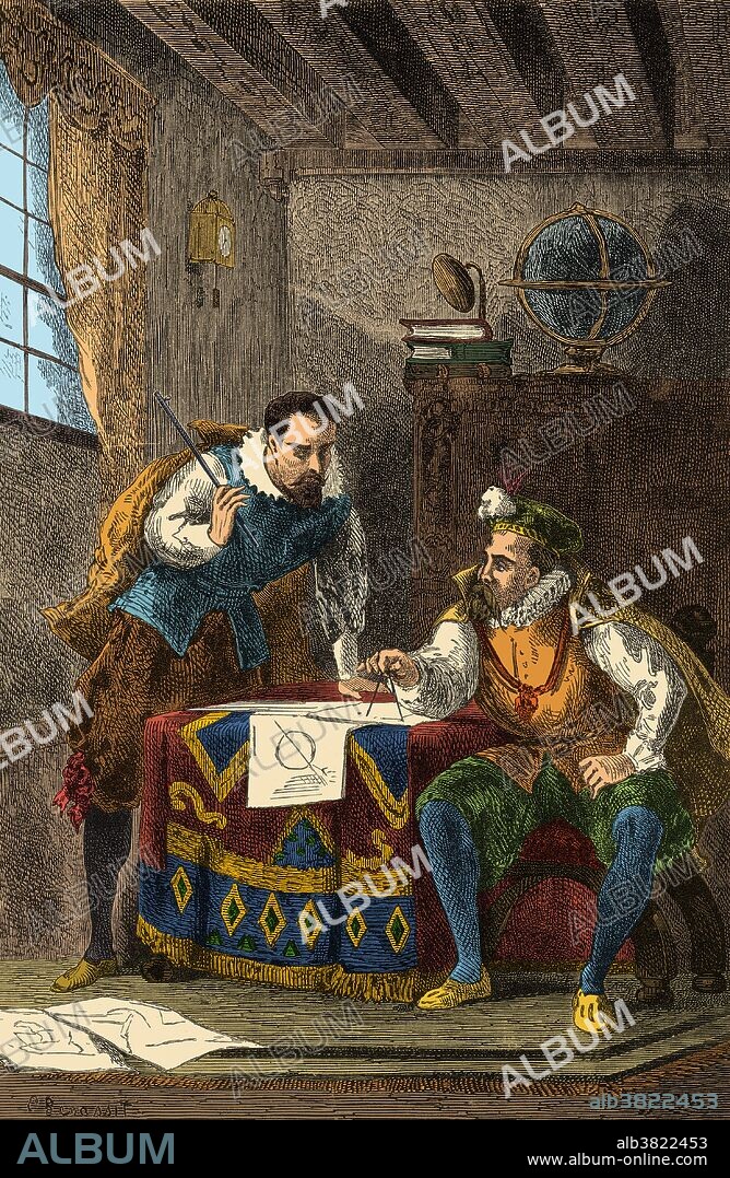 Brahe (right) and Kepler discussing observations on the movement of the planet Mars. Tycho Brahe (December 14, 1546 - October 24, 1601) was a Danish astronomer. He worked to combine the geometrical benefits of the Copernican system with the philosophical benefits of the Ptolemaic system into his own model of the universe, the Tychonic system. He was the last of the major naked eye astronomers, working without telescopes for his observations. He is credited with the most accurate astronomical observations of his time, and the data was used by his assistant, Johannes Kepler, to derive the laws of planetary motion. He was exiled to Prague in 1597 and was assisted in his work by Kepler until his death in 1601 at the age of 54. Johannes Kepler (December 27, 1571 - November 15, 1630) was a German mathematician, astronomer and astrologer. A key figure in the 17th century scientific revolution, he is best known for his works Astronomia nova, Harmonices Mundi, and Epitome Astronomiae Copernicanae. These works also provided one of the foundations for Isaac Newton's theory of universal gravitation. He died in 1630 at the age of 58.