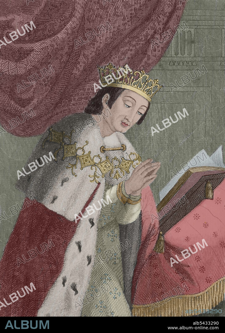 ANTONIO ROCA SALLENT (1813-1864). SPANISH ENGRAVER.. Alfonso VIII of Castile (1155-1214), called the Noble or the one of the Navas. King of Castile from 1159 and King of Toledo. Portrait. Engraving by Antonio Roca. Later colouration. Las Glorias Nacionales, 1853. Later colouration.