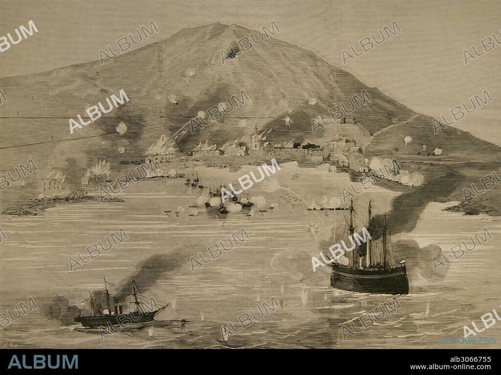 War of the Pacific.1879-1883. Conflict between Chile and Peru and Bolivia. Pisagua, Bombardment of the population by Chilean vessels, April 18, 1879. Engraving by Rico. La Ilustracion Espanola y Americana, 1879.