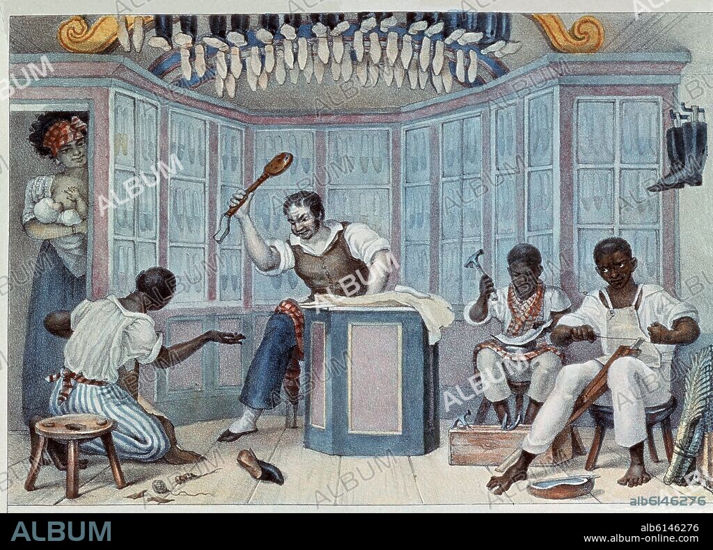 JEAN-BAPTISTE DEBRET. TIENDA DE CALZADO CON ESCLAVOS NEGROS - SIGLO XIX.