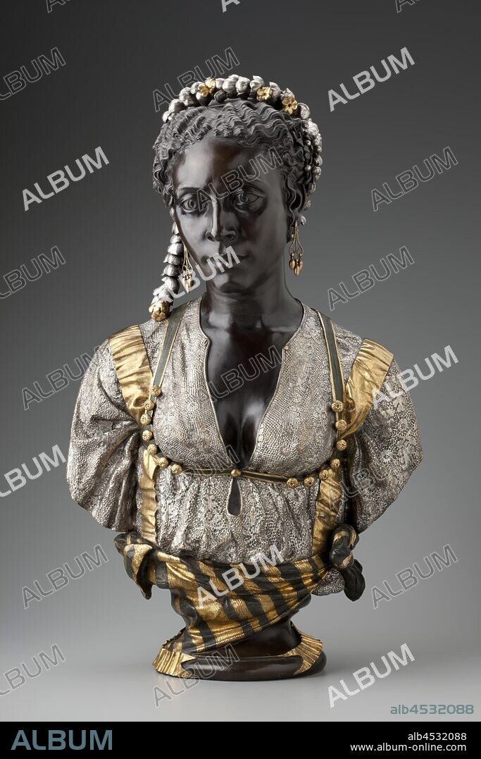 Charles Cordier, French, 1827-1905, Mauresque Noire (Black Moorish Woman), 1856, Bronze, silvered, gilt, black, brown and green patina, Overall: 28 3/4 × 17 1/2 × 10 1/4 inches (73 × 44.5 × 26 cm).