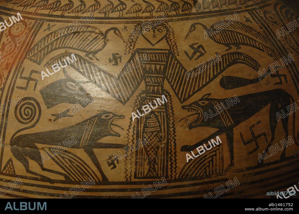 ARTE GRIEGO. PERIODO ARCAICO. PITHOS griego decorado con la GRAN DIOSA DE LA NATURALEZA flanqueada por leones y pájaros. Procede de Tebas (Beocia) y está datado entre los años 680-670 a. C. Estilo orientalizante. Detalle. Museo Arqueologico Nacional. Atenas. Grecia.