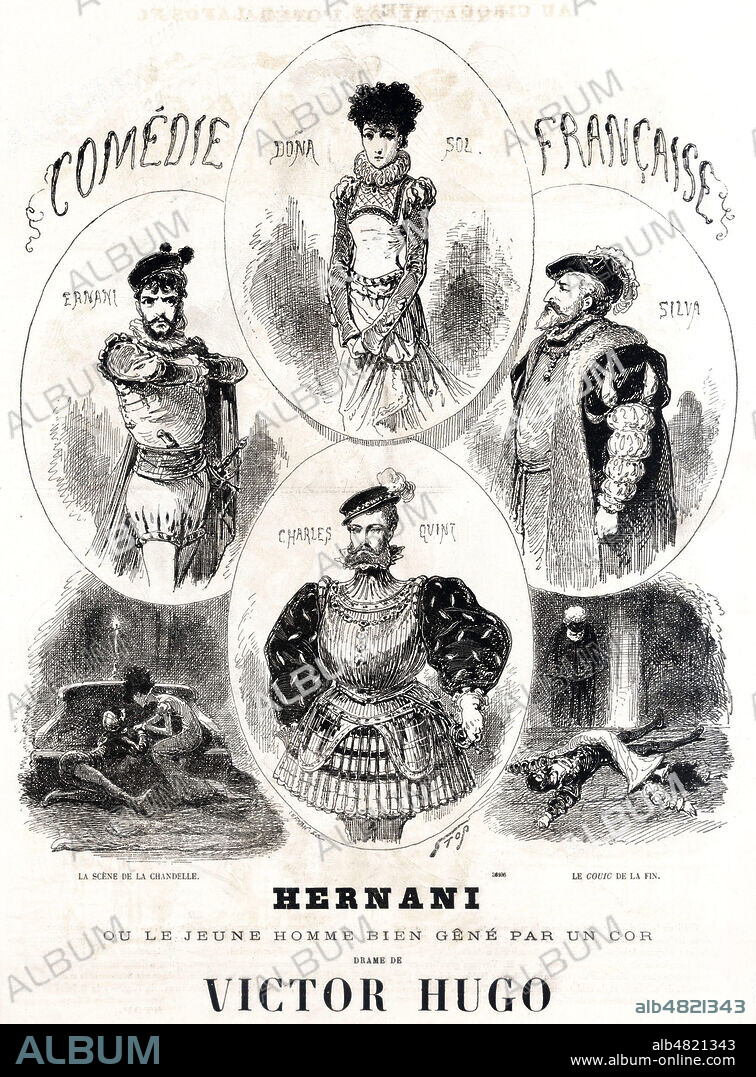 Hernani ou le jeune homme bien gene par un cor d'apres victor HUGO (1802-1885). Caricature de STOP (1825-1899) pour Le Journal amusant du 15 decembre 1877. Credit : Collection Grob/Kharbine-Tapabor.