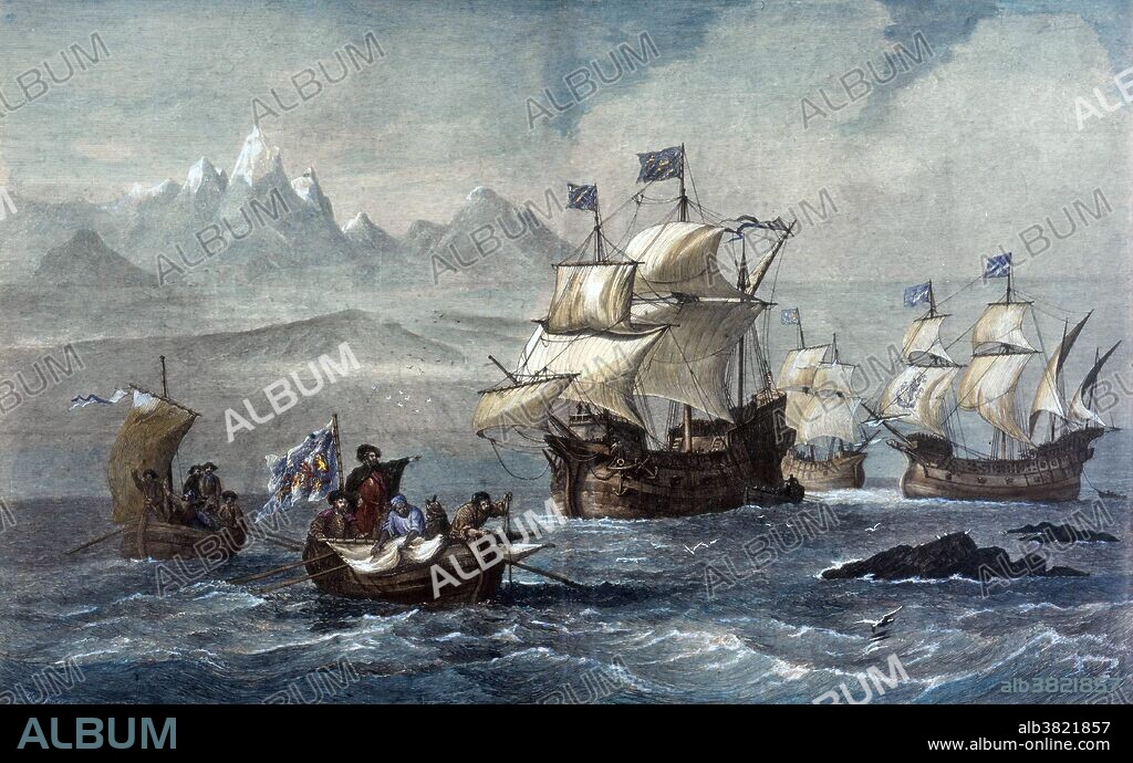 Ferdinand Magellan discovering the sea passage, which would later become known as the Straits of Magellan, in November, 1520. Ferdinand Magellan (1480 - April 27, 1521) was a Portuguese nobleman who had served his country as a soldier in the Indies. Like Columbus, he believed that a western voyage would be much quicker than the Portuguese route. He was sure there was a strait, or sea passage, through the American continent, and that Asia was close beyond. Charles I, new king os Spain, agreed to sponsor the plan. He gave Magellan 5 small ships and about 265 men. In September 1519, the ships set sail. Magellan's expedition of 1519-22 became the first expedition to sail from the Atlantic Ocean into the Pacific Ocean (then named "peaceful sea" by Magellan; the passage being made via the Strait of Magellan), and the first to cross the Pacific. It also completed the first circumnavigation of the Earth, although Magellan himself did not complete the entire voyage, being killed during the Battle of Mactan in the Philippines at the age of 40 or 41. Two of the closest galaxies, the Magellanic Clouds, were named for Magellan sometime after 1800, and also the Magellan probe, which mapped the planet Venus from 1990 to 1994.