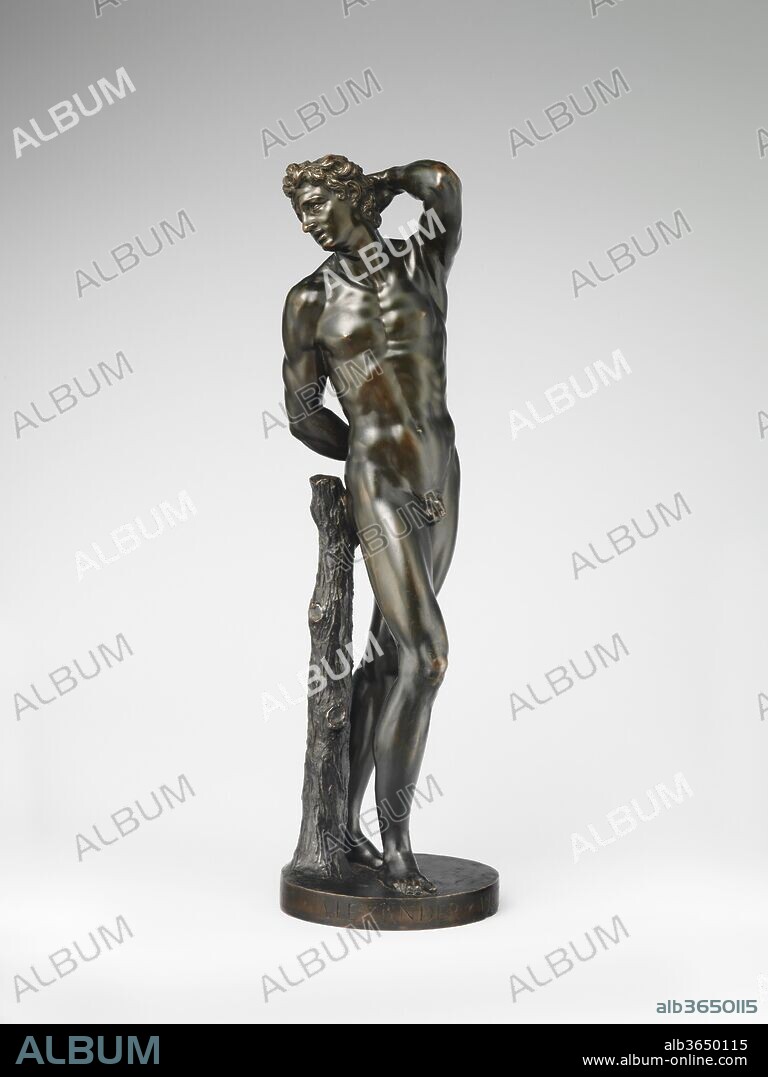 Saint Sebastian. Artist: Alessandro Vittoria (Alessandro Vittoria di Vigilio della Volpa) (Italian, 1525-1608). Culture: Italian, Venice. Dimensions: Overall (confirmed): 21 3/8 × 6 3/8 × 6 3/8 in. (54.3 × 16.2 × 16.2 cm). Date: 1566.
The preeminent Venetian sculptor of the late sixteenth century, Alessandro Vittoria was highly productive in diverse media and types of work. He is most closely identified with portrait busts, which collectively create a sober image of Veneto society, but he also produced excellent stucco decorations for palaces and stone statues for churches. In addition, he issued a distinguished series of bronze statuettes --  including thirteen known signed examples --  about half of which have religious subjects, such as Saint John Baptist (formerly in the Venetian church of San Francesco della Vigna), and half mythological ones, such as Mercury (J. Paul Getty Museum, Los Angeles).[1] 
Saint Sebastian is among the most successful of these bronze statuettes and was a favorite of the artist, who kept it and a variant in his house and proudly mentioned it in various wills. The composition depends on a lifesize work in Istrian stone of 1563 - 64 commissioned from Vittoria by the Montefeltro family for the altar in San Francesco della Vigna.[2] The dynamic, twisting composition is indebted to various works Vittoria admired, including Michelangelo's Dying Slave (Musée du Louvre, Paris) for the overall pose and such Hellenistic sculptures as the Dying Alexander (Galleria degli Uffizi, Florence) for the emotive face and flowing hair.[3] Venetian painters from Carpaccio to Vittoria's contemporary Tintoretto inflected the style of the saint's elongated figure.[4] In the Metropolitan's bronze, Vittoria accentuated the length of the body and exaggerated its torsion. As the viewer moves around the sculpture, the smooth surfaces of the metal catch the light, emphasizing the fluid modeling of the male body and the precision of such details as locks of hair and tree bark.[5] 
Three extant bronze variants of Saint Sebastian --  this one; another, unfinished, in a private collection; and a third, draped and unsigned, in the Los Angeles County Museum of Art --  have proved difficult to disentangle historically, despite the existence of some documentation. Vittoria's fifth will, dated May 1584, mentions two castings of Saint Sebastian, one signed and one unsigned.[6] We know that Vittoria paid Andrea d'Alessandri (Andrea Bresciano) for having cast a Saint Sebastian on December 14, 1566, and that on May 16, 1575, he paid Orazio, a son-in-law of the late Andrea d'Alessandri, for casting another figure of the saint.[7] Before the appearance in 1998 of the bronze now in a private collection, it was generally assumed that the Metropolitan's and the Los Angeles versions were the two cited in Vittoria's 1584 testament. [8] Recently, however, scholars have agreed that the slack modeling and thin cast of the Los Angeles version indicate that it is a later after cast.[9] The Vittoria specialist Manfred Leithe-Jasper has proposed that the Metropolitan's version is the first cast and that the second cast is, in fact, the unfinished version in a private collection, since X-ray examination has shown them to be nearly identical technically.[10] Leithe-Jasper further noted that the crisply engraved signature on the Metropolitan's bronze --  "Alexander.Victor.T.F." --  reflects the artist's early practice, continued into the 1560s, of using the letter T to refer to his birthplace, the city of Trent (ancient Tridentum). The signature "Alexander.Victoria.F." on the bronze now in a private collection is consistent with the artist's later practice; moreover, the lettering is more casually engraved, suggesting that the work was not signed at the time of casting (and thus was described as unsigned in Vittoria's will) but added later.
There are no arrows to identify the protomartyr Sebastian either in the stone version at San Francesco della Vigna or in the bronze versions; only the figure's troubled expression and contorted limbs reveal his torment. Clear signs of torture being absent, it is the beautiful body that is the artist's focus. Indeed, the artist himself seems to have been ambivalent about the subject: in one of his wills Vittoria states that the bronze statuette of Sebastian could also be interpreted as a Marsyas.[11] 
The importance of the statuette to Vittoria and the resounding success of his brilliant Mannerist figura serpentinata are suggested in a number of paintings. Paolo Veronese's Alessandro Vittoria shows the sculptor leaning against a carpeted table and cradling what is probably a plaster of one of the prototypes of Saint Sebastian.[12] Across the table lies a fragmentary ancient marble torso. Its rippling muscles are an obvious source for Vittoria's work, but the artist seems confident that the Renaissance sculpture will surpass its classical model in the complexity of its pose. Plaster casts taken from preparatory models or finished bronzes surely circulated among artists and collectors. They appear in paintings as disparate as Bergamesque painter Evaristo Baschenis's Musical Instruments and a Statuette (Galleria dell'Accademia Carrara, Bergamo) and the Dutchman Jan Steen's The Drawing Lesson (J. Paul Getty Museum), testifying to the esteem in which seventeenth-century artists continued to hold this marvelous composition.[13]
[Ian Wardropper. European Sculpture, 1400-1900, In the Metropolitan Museum of Art. New York, 2011, no. 25, pp. 80-83.]
Footnotes: 
[1] For the thirteen signed bronzes, see Manfred Leithe-Jasper. "Alessandro Vittorio bronzista." In "La bellissima maniera" 1999, pp. 325-29, p. 325.
[2] For the history of this commission and its publication, see Victoria Avery. "St. Sebastian; Alessandro Vittoria (ca. 1528-1608)." In The Encyclopedia of Sculpture, edited by Antonia Boström, vol. 3, pp. 1738-40. New York, 2004.
[3] Many scholars, from Wilhelm R. Valentiner (1942) to Manfred Leithe-Jasper (in "La bellissima maniera": Alessandro Vittoria e la scultura veneta del Cinquecento. Exh. cat. edited by Andrea Bacchi, Lia Camerlengo, and Manfred Leithe-Jasper. Castello del Buonconsiglio, Trent; 1999. Trent, 1999, p. 342) have noted that the Dying Slave and the Dying Alexander served as models for Saint Sebastian. 
[4] Leithe-Jasper (in Genius of Venice, 1500-1600. Exh. cat. edited by Jane Martineau and Charles Hope. Royal Academy of Arts, London; 1983-84. London, 1983, p. 388, no. s37) is one of the scholars who have mentioned the influence of these painters on the present work.
[5] Richard E. Stone. "Organic Patinas on Small Bronzes of the Italian Renaissance." Metropolitan Museum Journal 45 (2010), pp. 107-23, p. 109, emphasizes how successfully the North Italian type of black patina enhances the statuette's lustrous skin.
[6] Giuseppe Gerola. "Nuovi documenti veneziani su Alessandro Vittoria." Atti del Reale Istituto Veneto di Scienze, Lettere ed Arti 84, pt. 2 (1924-25), pp. 339-59, p. 353. 
[7] The documents of 1566 and 1575 were first cited in Riccardo Predelli. Le memorie e le carte di Alessandro Vittoria. Trent, 1908, pp. 132, 155 - 56. Victoria J. Avery (1999, p. 64, doc. no. 91, p. 85, doc. no. 91) has reviewed both of these documents thoroughly.
[8] Leithe-Jasper (in Genius of Venice 1983, p. 388, no. s37) took this view. The unfinished bronze appeared in a sale at Christie's, London, July 7, 1998, no. 109.
[9] Already in 1987, before the bronze in a private collection was discovered, Scott Schaefer and Peter Fusco doubted that the Los Angeles County Museum's bronze (M.51.12; H. 21 ¾ in. [55.2 cm]) was a contemporary cast, citing it as possibly eighteenth century; see Scott Schaefer and Peter Fusco. European Painting and Sculpture in the Los Angeles County Museum of Art: An Illustrated Summary Catalogue. Los Angeles, 1987, p. 170.
[10] Leithe-Jasper in "La bellissima maniera" 1999, pp. 342 - 45; Leithe-Jasper 1999.
[11] This observation is in the third will, dated November 7, 1570: "statua di bronzo, quale può servire raconciandola, overo san Sebastiano, over Marsia, facendoli la ferita soto la tetta sinistra o nel mezo della tetta" (bronze statuette [which] can be turned into a Saint Sebastian or a Marsyas by adding a wound below the left breast or in the center of it); Gerola 1924 - 25, pp. 348 - 49.
[12] The most recent discussion of Veronese's portrait of Vittoria is in Jérémie Koering. "L'Art en personne(s)." In Titien, Tintoret, Véronèse: Rivalités à Venise, pp. 178-99. Exh. cat. edited by Vincent Dieulevin and Jean Habert with Arturo Galansino. Musée du Louvre, Paris, 2009-10. Paris, 2009, pp. 181, 186, and pp. 182 - 83, no. 16.
[13] See Leo Steinberg. "Steen's Female Gaze and Other Ironies." Artibus et Historiae, no. 22 (1990), pp. 107-28.