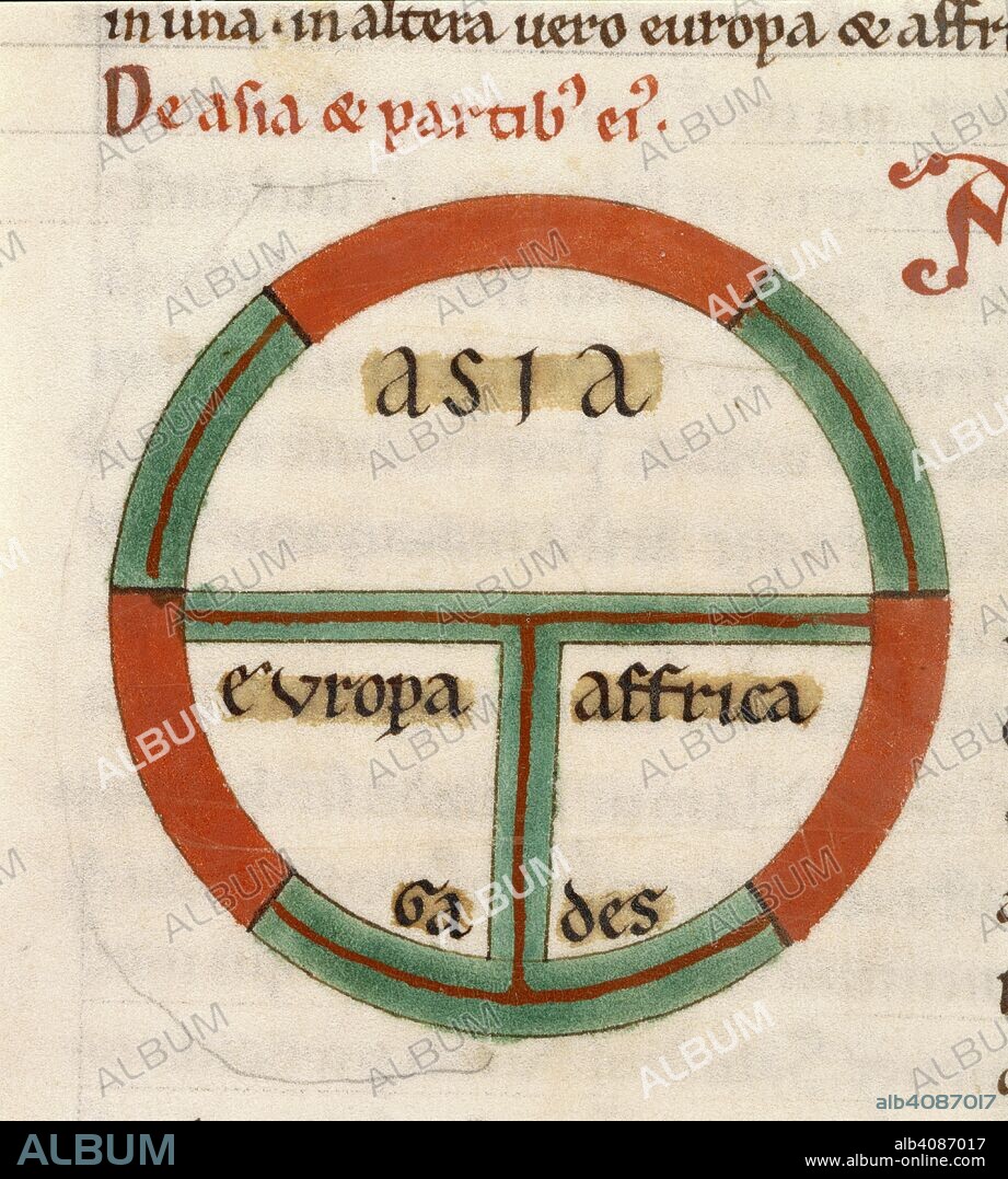 (Detail) Diagrammatic T-O map. The world portrayed as a circle divided by a 'T' shape into three continents, Asia, Europe, and Africa. At the base of the circle is Gades. Etymologies. early 13th century. Source: Add. 22797, f.99v. Language: Latin.