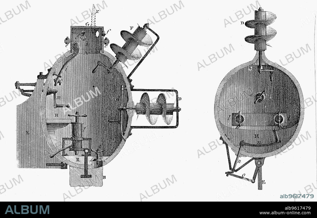 'Turtle', submarine designed by David Bushnell, 1787. Bushnell (1742-1824) built the Turtle, the first American submarine, in 1776. The Turtle was powered by a  propeller operated by its single occupant turning a handle and would normally float with approximately six inches of exposed surface. The volume of air in the vessel was sufficient for it to remain submerged for up to 30 minutes. Several unsuccessful attempts were made to use the Turtle to deliver and attach underwater bombs to British warships during the American War of Independence.