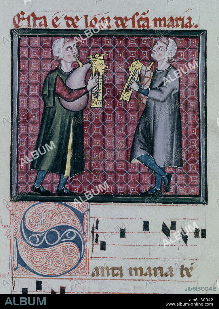 ALFONSO X DE CASTILLA EL SABIO. M.B.I.2-CANTIGA DE SANTA MARIA-Nº280-F251V-CODICE DE LOS MUSICOS-GAITAS CON RONCON PARALELO AL PUNTERO.