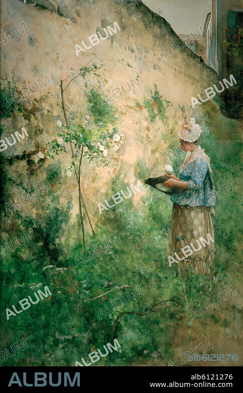 CARL LARSSON. Larsson, Carl Olof, 1853 - 1919, Swedish painter. "The old wall", 1885. (Zerline, the kitchen maid of Larsson's daughter Sozanne, in the garden of the artist in Grez-sur-Loing, France, wearing an 18th Century costume. Watercolour, 90.5 x 59 cm. Private collection.