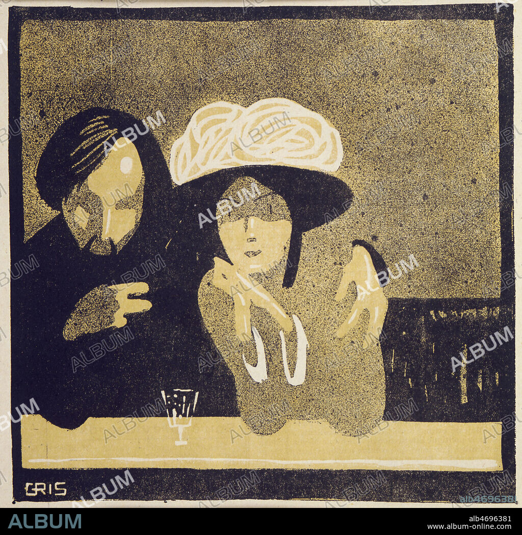 Couple dans un bistrot a Montparnasse vers 1900. Dessin de Juan GRIS (1887-1927) publie dans l'Assiette au Beurre, sans date. Credit : Collection KHARBINE-TAPABOR.