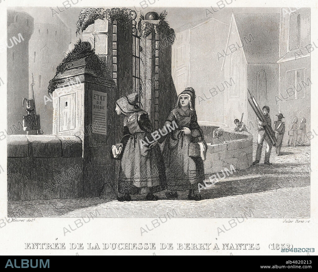 Entree de la Duchesse de BERRY (1798-1870) a Nantes en 1832. Illustration de 1848 par Antoine MEURET (1817-1896) pour Bretagne et Vendee Histoire de la Revolution francaise dans l'Ouest par PITRE-CHEVALIER (1812-1863). Credit : Collection Jonas/Kharbine-Tapabor.