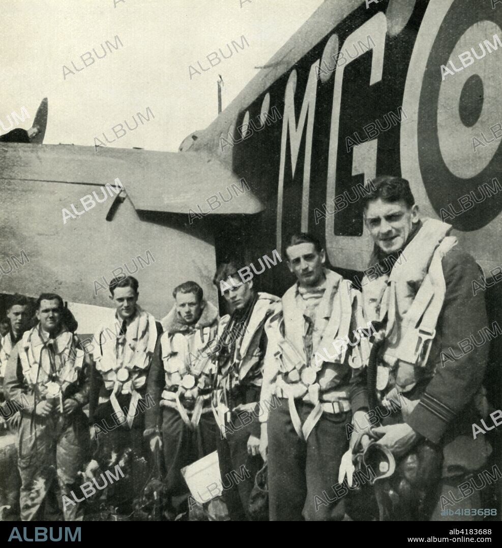 'Bomber Crews', c1943. British Royal Air Force crews preparing to go on a bombing mission during World War II. From "Wings On Her Shoulders", by Katharine Bentley Beauman, Late Fight Officer W.A.A.F. [Hutchinson & Co Ltd, London, New York, Melbourne, c1943].