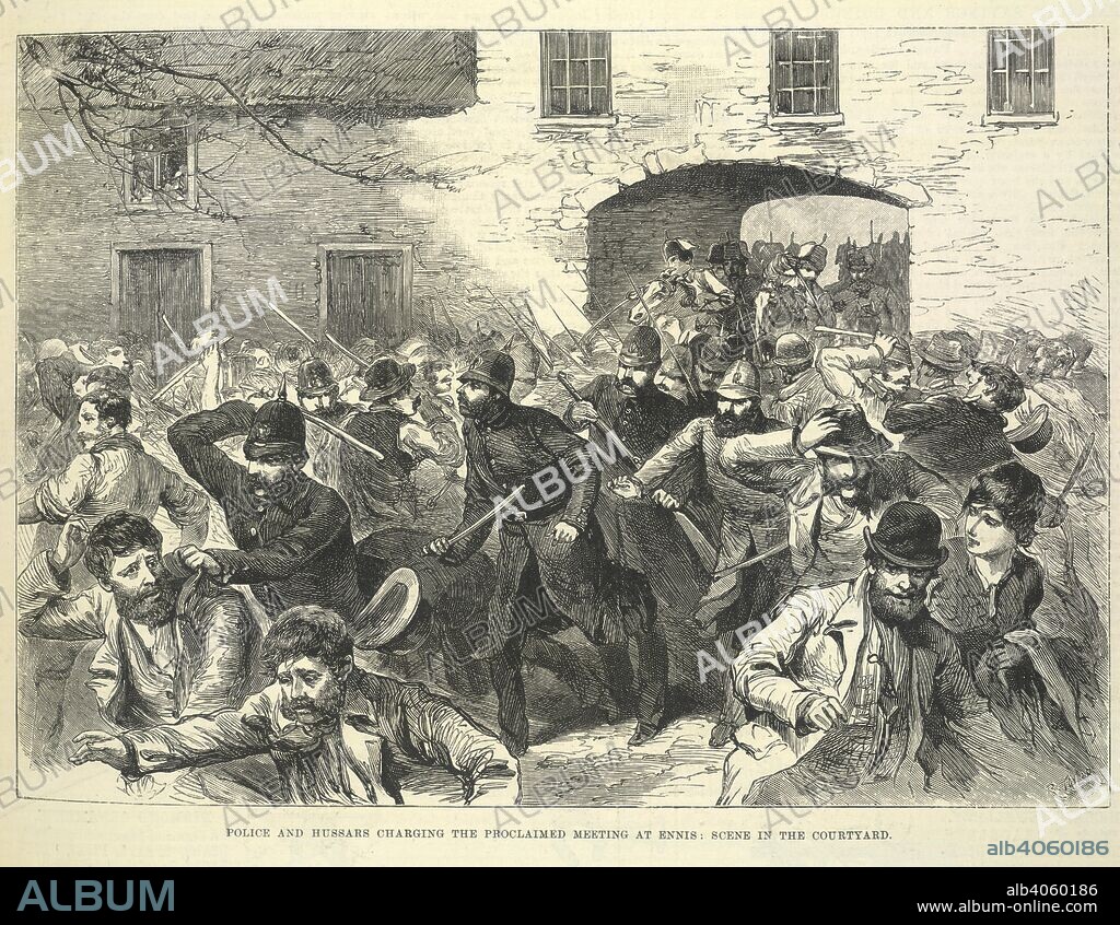 Police dispersing a meeting. Illustrated London News. London, April 21, 1888. Police and Hussars charging the proclaimed meeting at Ennis: scene in the courtyard'.  Image taken from Illustrated London News.  Originally published/produced in London, April 21, 1888. . Source: P.P.7611 volume 92, 419 (upper). Language: English.