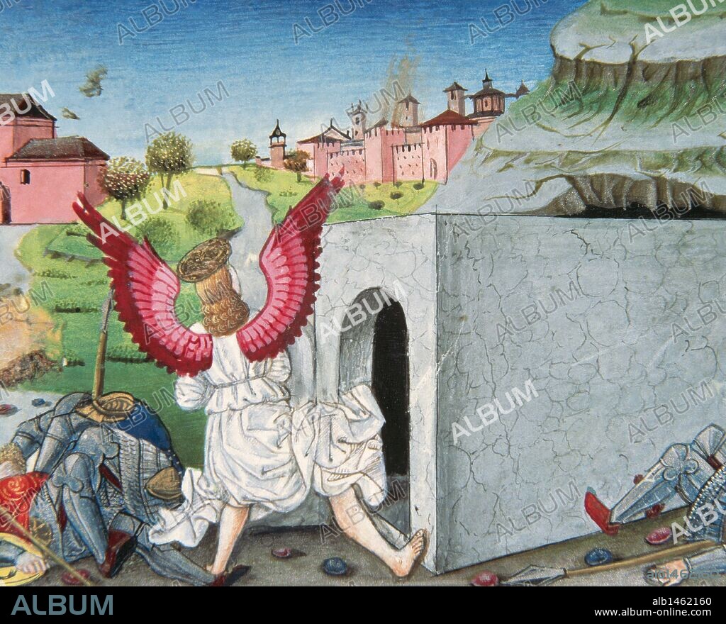 "UN ANGEL APARECE EN EL SEPULCRO DE JESUS Y ANUNCIA QUE CRISTO HA RESUCITADO COMO ESTABA PROMETIDO. LA GUARDIA DEL SEPULCRO CAE ASUSTADA POR ELLO". Página miniada del CODICE DE PREDIS. Renacimiento-Quattrocento (siglo XV). Biblioteca Real. Turín. Italia.