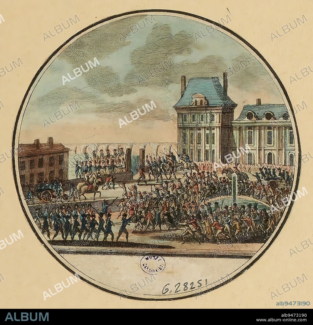 2. 7bre. Affair of the Garden of the Thuilleries, Maillart, Philippe Joseph, Engraver, Lorent or Laurent, Jean-François, Draughtsman, Chateigner, Editor, Array, Graphic arts, French Revolution, Print, Etching, Colored, Diameter: 9.3 cm.