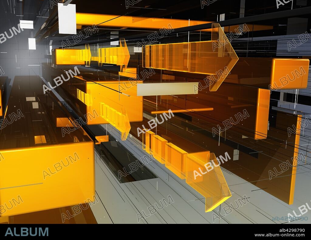 Abstract orange and yellow geometric arrow pattern.