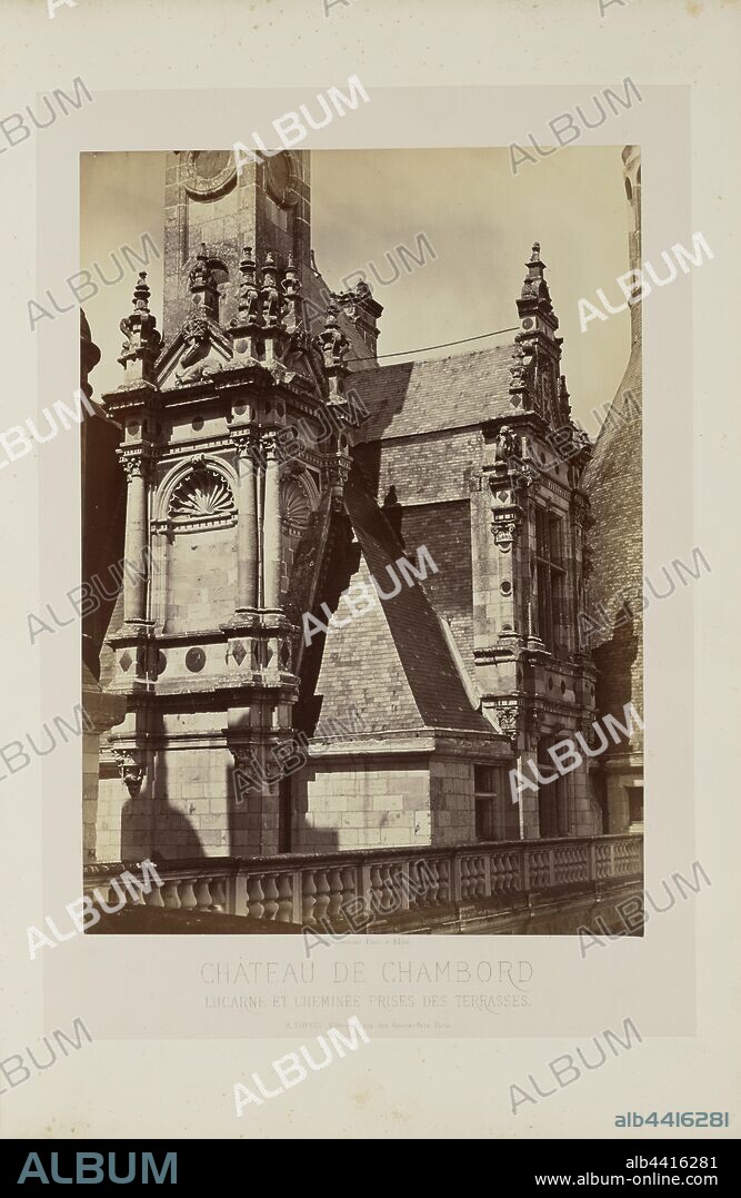 Château de Chambord: Lucarne et cheminée prises des terrasses, Médéric Mieusement (French, 1840 - 1905), Paris, France, 1875, Albumen silver print, 34.5 × 24.6 cm (13 9/16 × 9 11/16 in.).